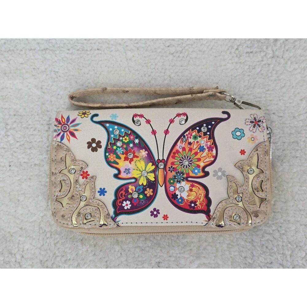 Colorful Embellished Butterfly Floral Design Wristlet Wallet Clutch Purse Tan